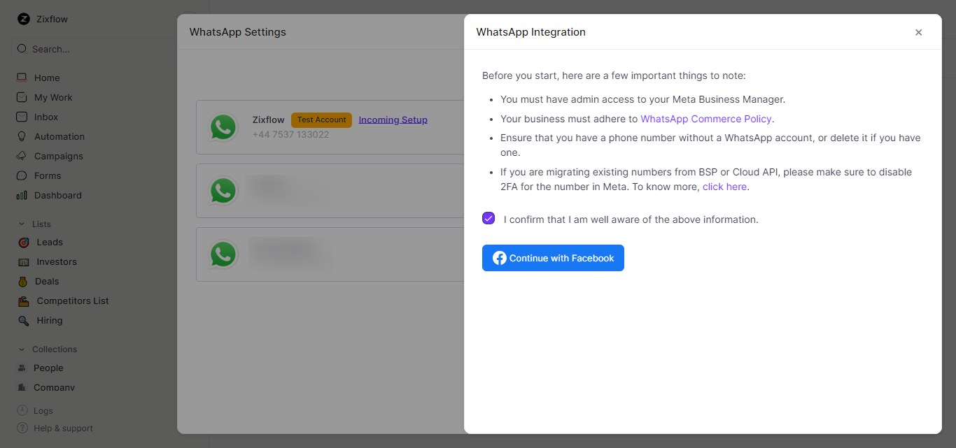 Instructions on how to integrate your WhatsApp account with Zixflow.