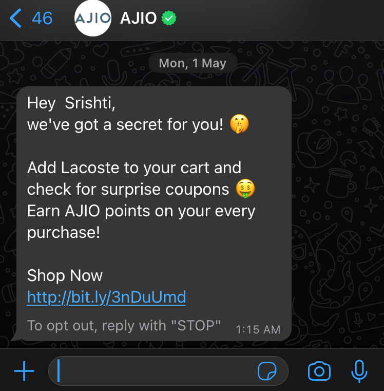 A limited-time WhatsApp marketing message from AJIO.