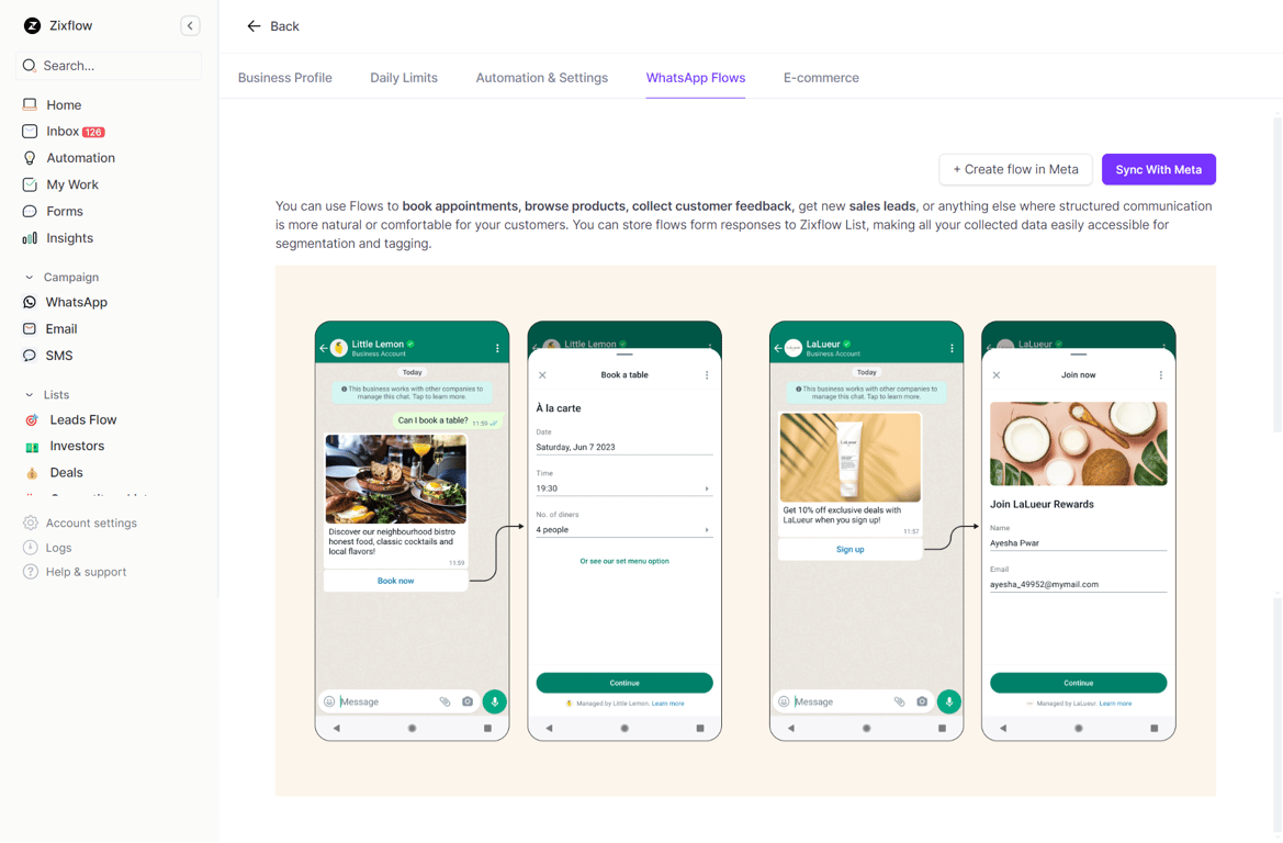 WhatsApp Flows section within Zixflow where you can see your synced Flows with ease.