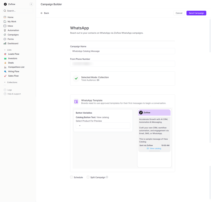 WhatsApp Campaign Builder in Zixflow to send your product catalog as a custom message to your customers.