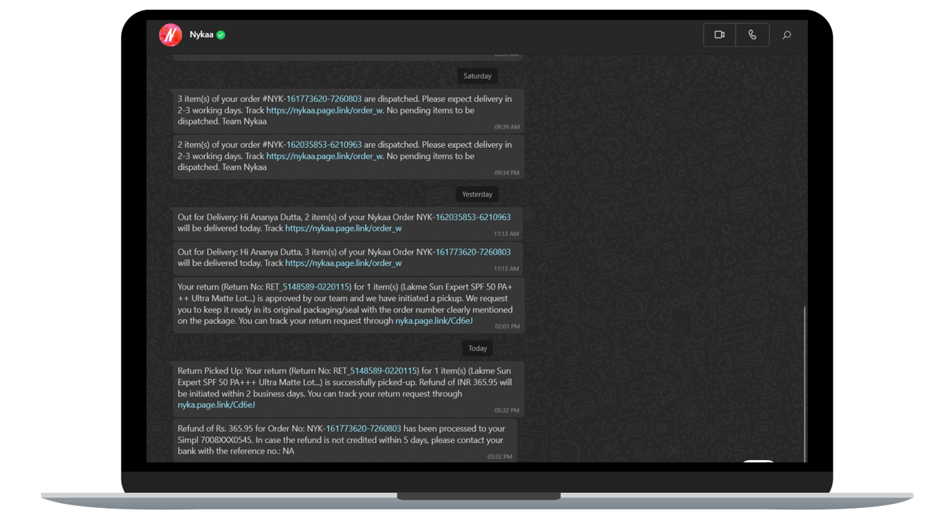 Order confirmation and tracking updates from nykaa.
