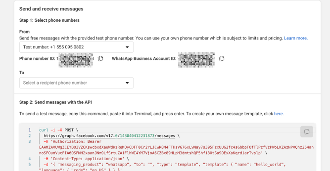 WhatsApp Cloud API getting started screen where you can add your phone number.