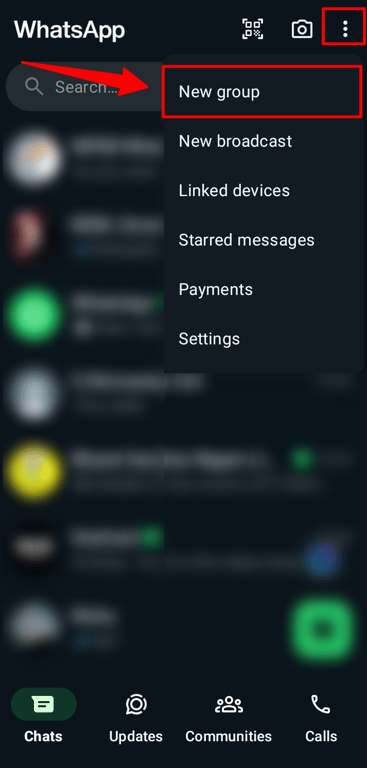 The New group option in the WhatsApp mobile app.
