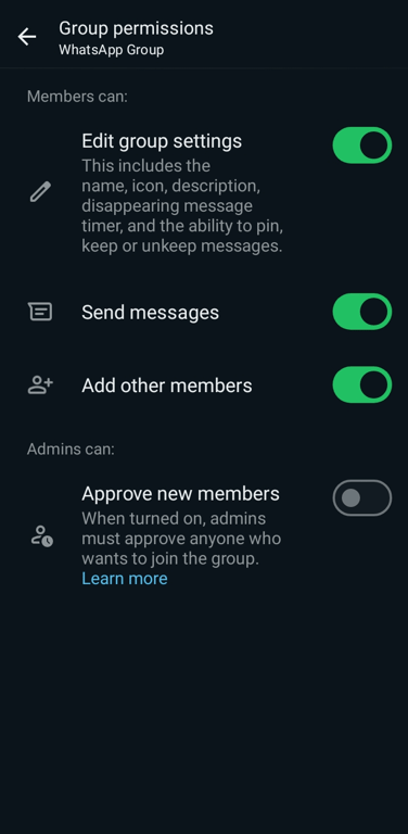 The group permission settings screen in the WhatsApp mobile app.