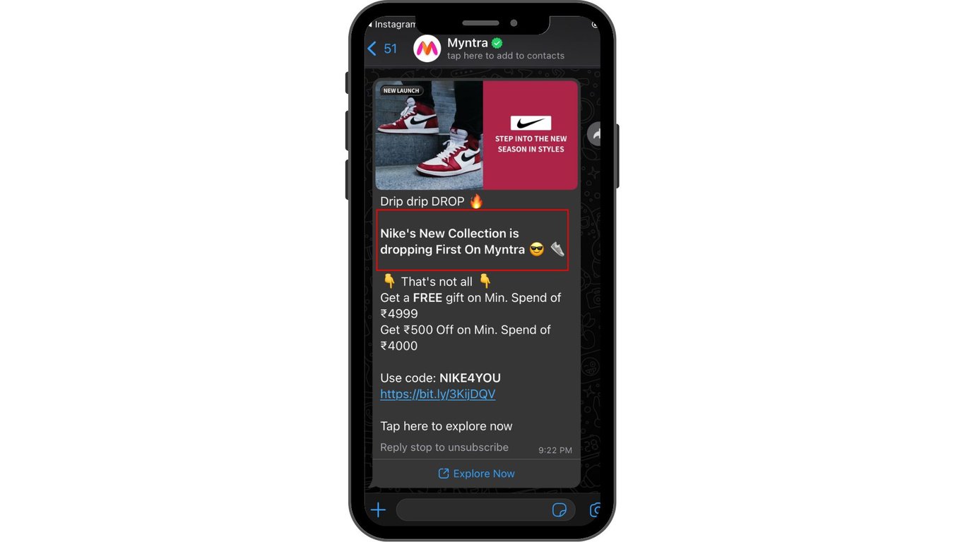 Myntra's advertising message for the new product launch update.