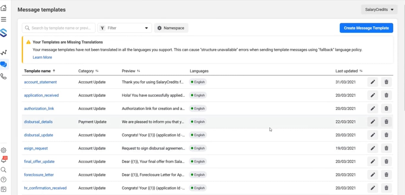 Click on create message template to send messages.