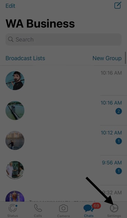 Select the settings option on the WhatsApp Business application.