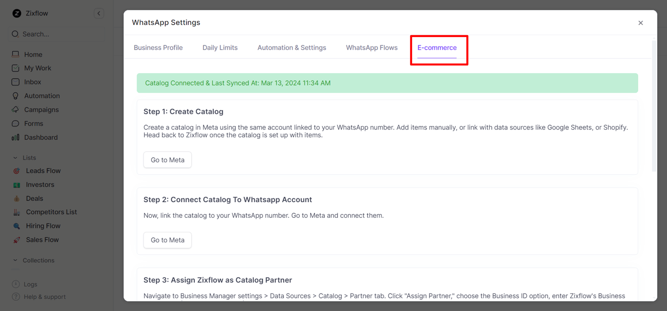 E-commerce tab in the WhatsApp account settings in Zixflow.