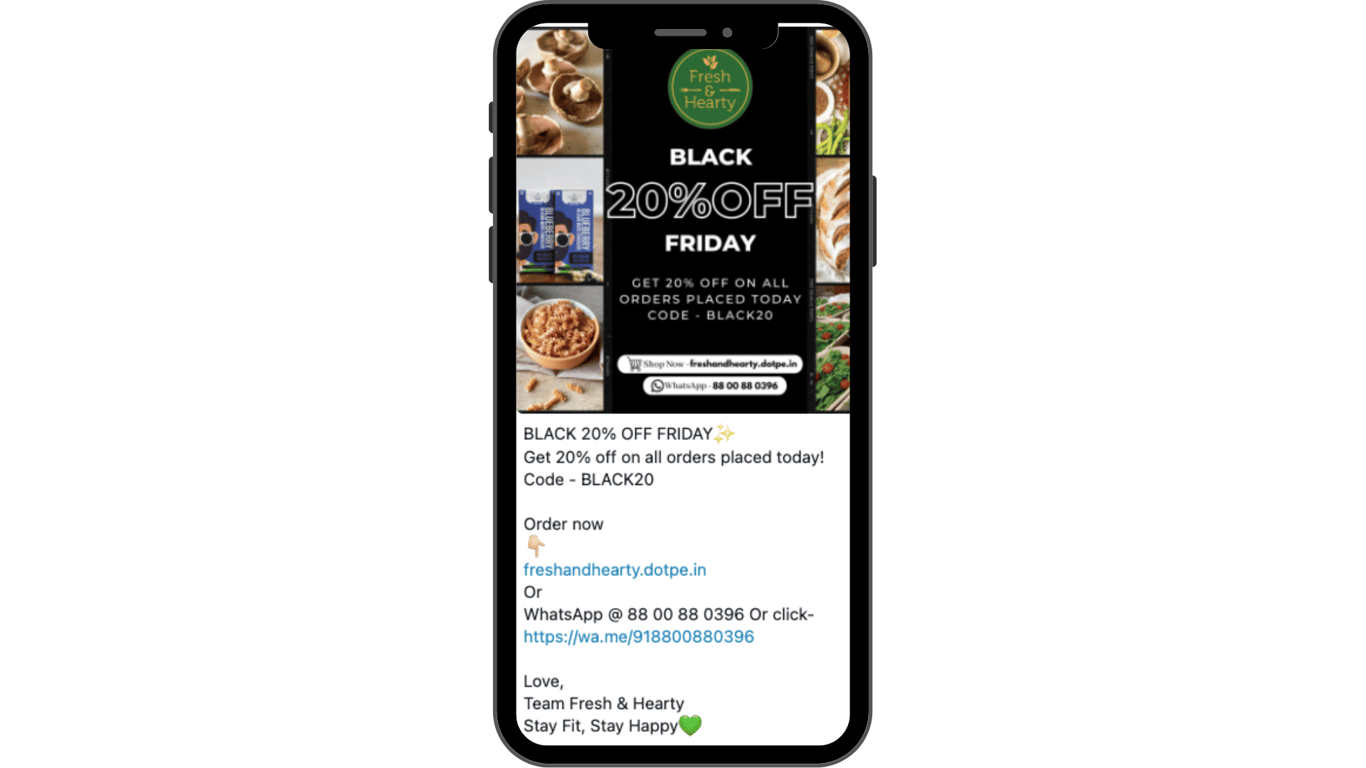 Fresh & Hearty offering seasonal Black Friday deals on WhatsApp.