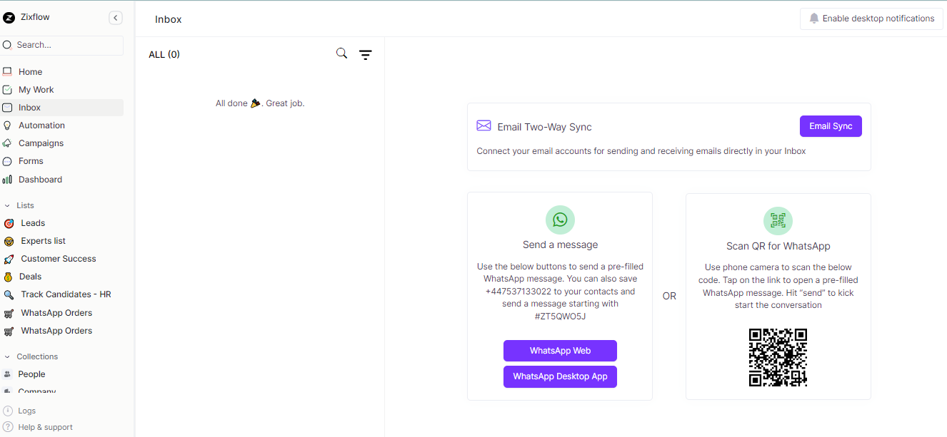 Zixflow’s unified inbox feature for all your WhatsApp business needs.