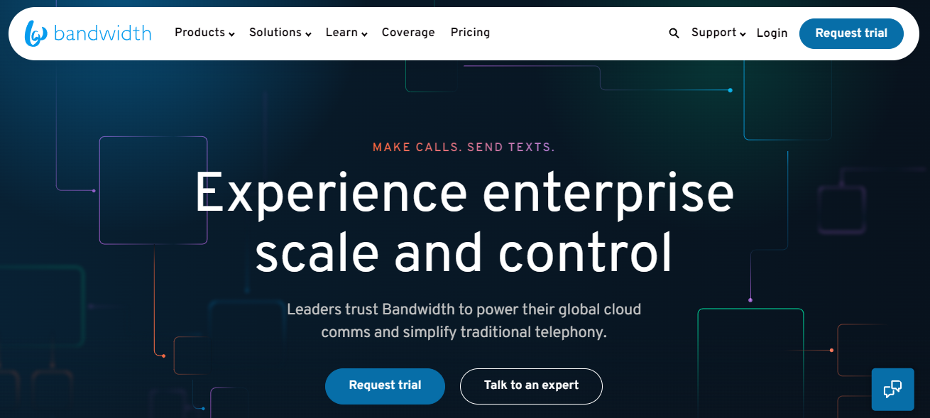 Homepage of Bandwidth, a cloud-based alternative to Twilio.