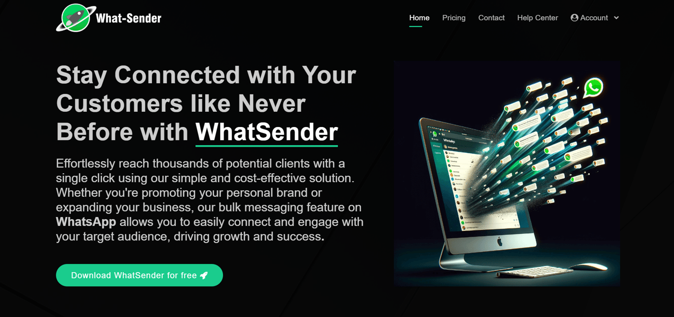 Homepage of WhatSender, a bulk WhatsApp marketing platform.