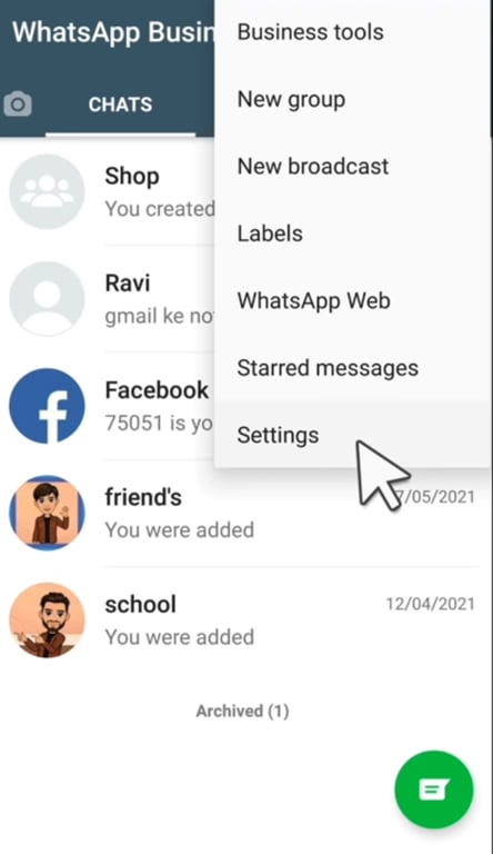 Select the WhatsApp Business settings option.