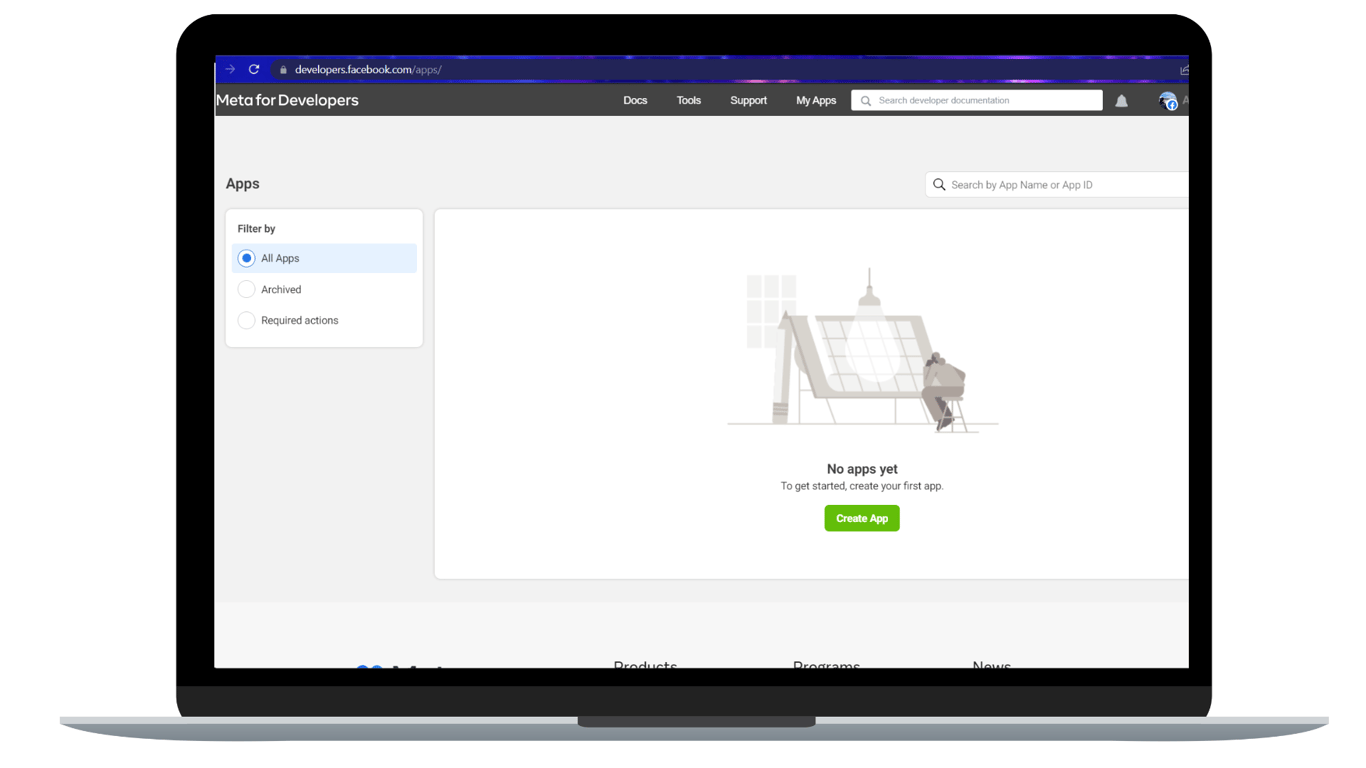Apps page in Meta for Developers to create apps.