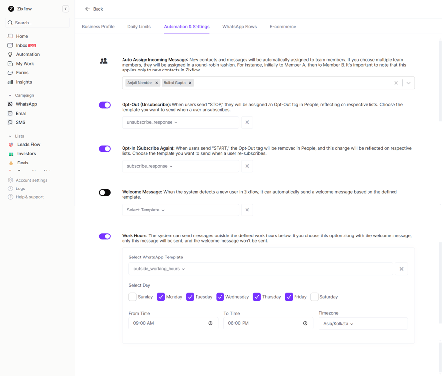 WhatsApp’s automation and advanced settings screen in Zixflow.