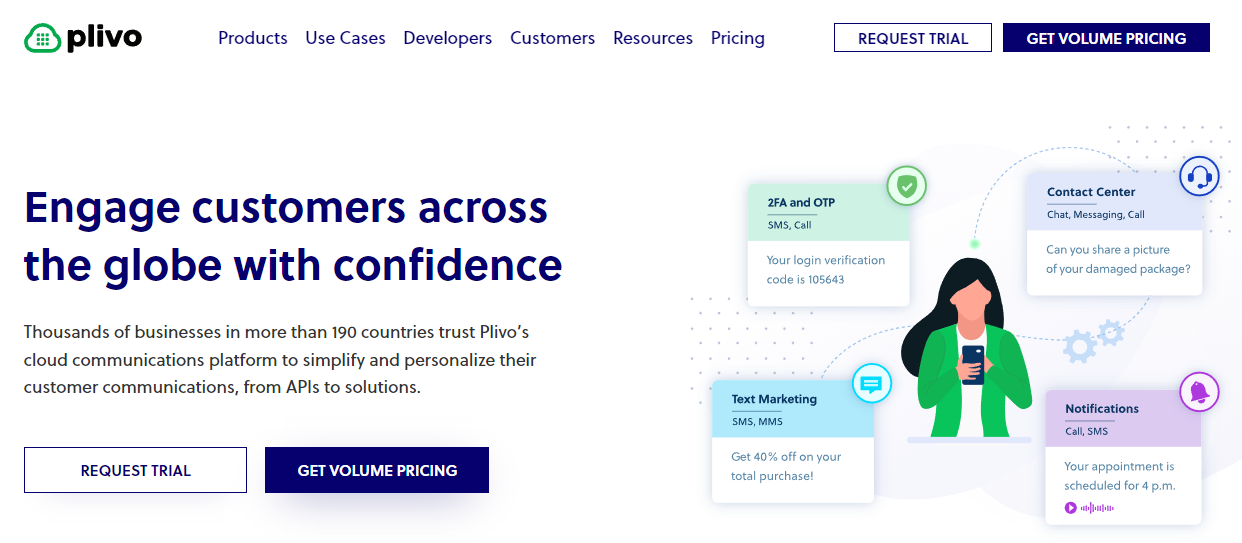 Homepage of Plivo, a cloud-based alternative to Twilio.