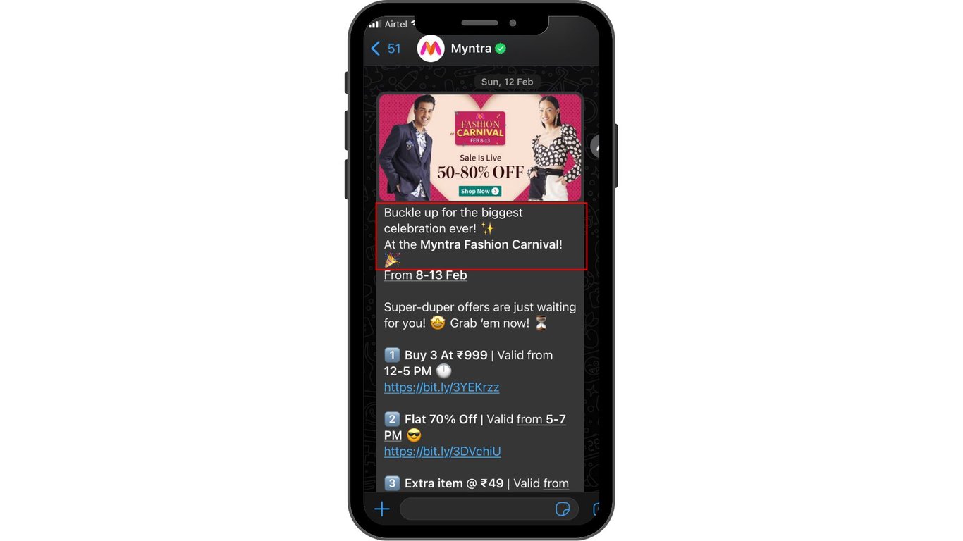 Incoming sales advertising message shared by Myntra.