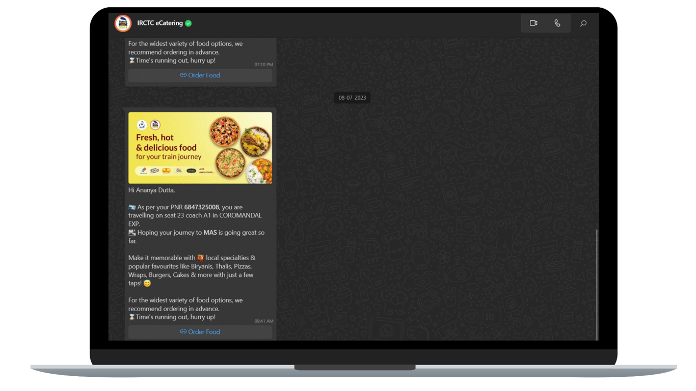 Welcome message on your journey from IRCTC eCatering.