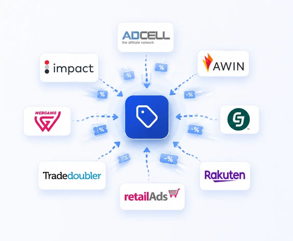Illustration: Affiliate-Netzwerke (Awin, Adcell, CJ, impact.com, Rakuten, retailAds, Tradedoubler, Webgains) mit Mioscoupon als zentralem Hub – Rabattcodes fließen aus den Netzwerken zu Mioscoupon.