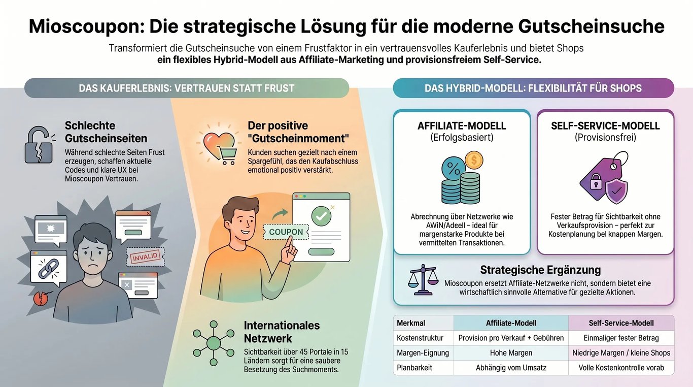 Infografik zum Gutscheinmoment im Checkout: Rabattcode-Suche, ungültige Codes, Dopamin-Kick, Mioscoupon-Steuerung, Affiliate, Self-Service und Markenbindung.