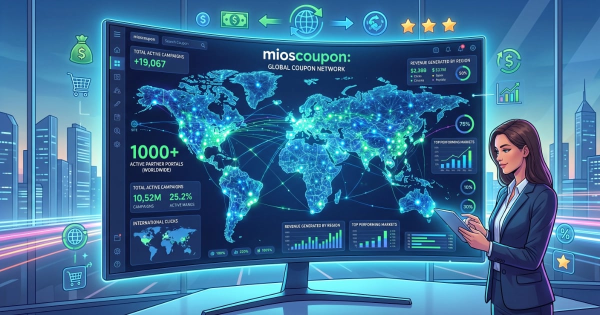 Dashboard von mioscoupon zeigt das weltweite Gutschein-Netzwerk mit über 1000 Portalen
