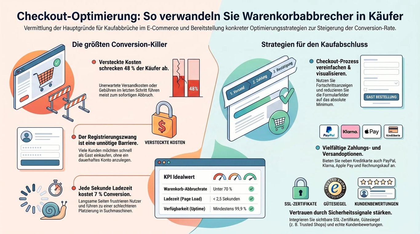 Infografik zu Warenkorbabbruch im E-Commerce: Traffic, Warenkorb, Checkout-Reibung, Kosten, Technik, Abbruch, Rückgewinnung und Optimierung.