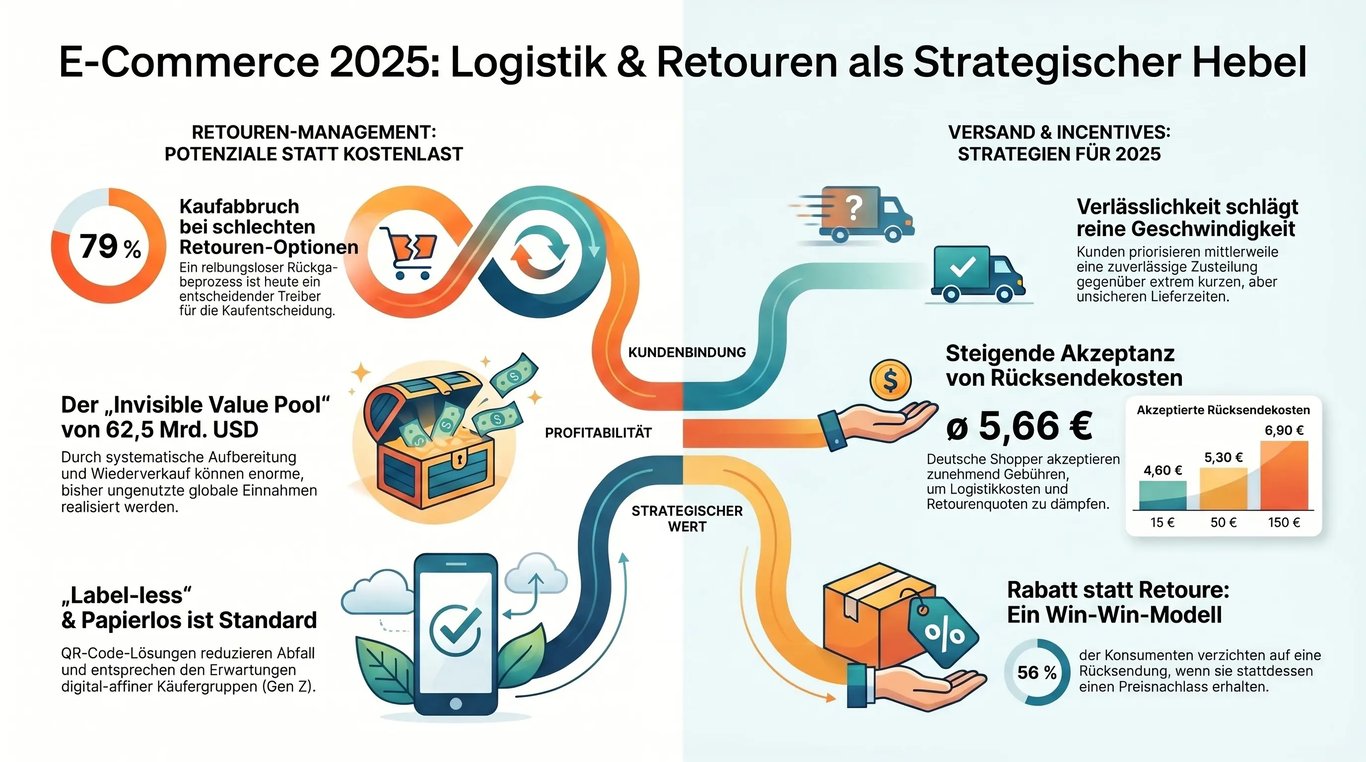 Infografik zu Retouren und Rabatten im E-Commerce: Rabattaktion, Umsatzkick, Margenverlust, Zusatzkosten, Retouren, Provisionen und wirtschaftliche Planung.