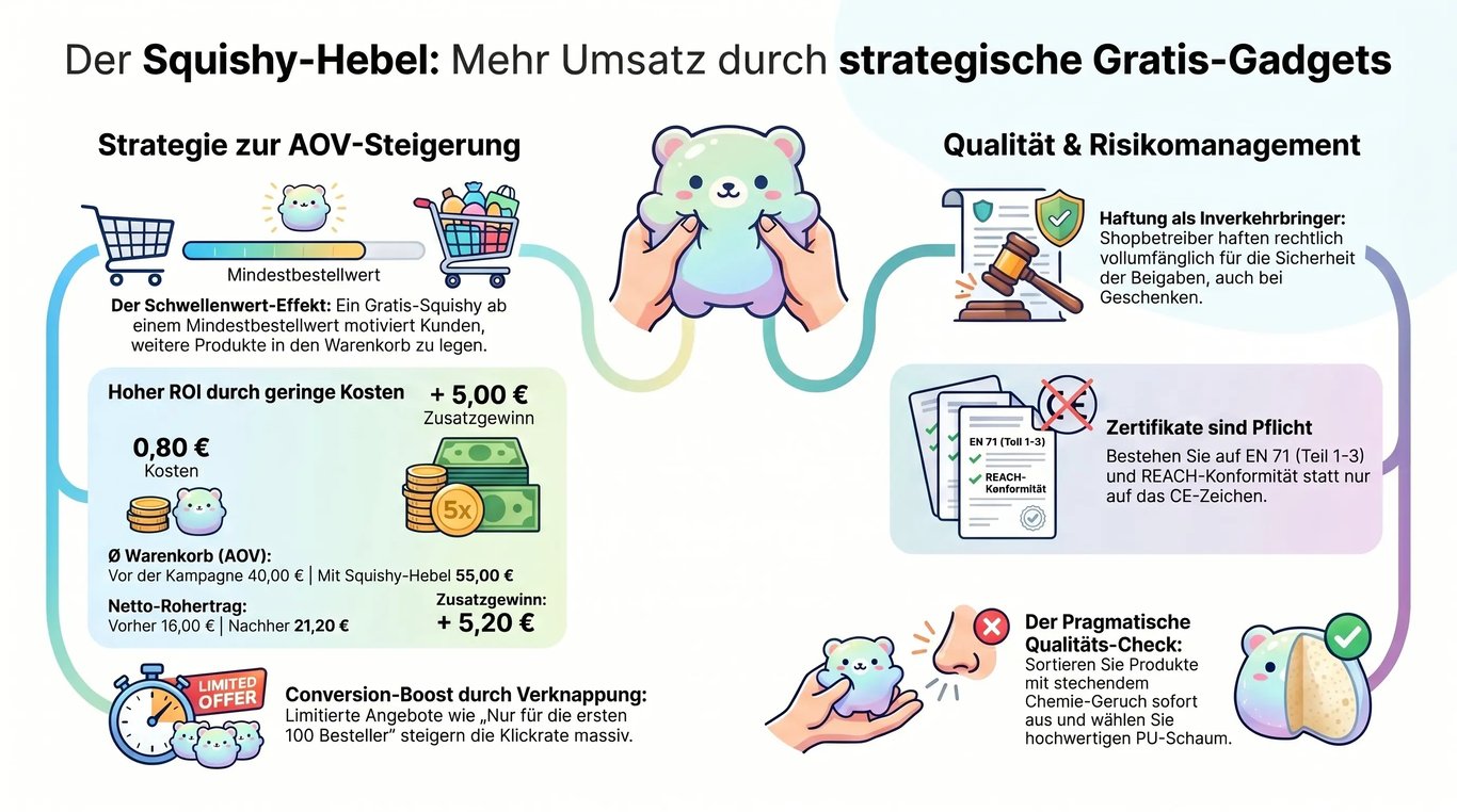 Infografik zu Squishies im Warenkorb: Gratisgeschenk, Mindestbestellwert, Zusatzkauf, Marge, Produktsicherheit und Mioscoupon-Sichtbarkeit.