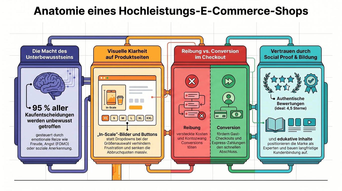Infografik zur Beauty-Commerce-Conversion: Gefühl, Vertrauen, Produktseite, Warenkorb, Checkout, Gutschein, Sichtbarkeit und Marge.