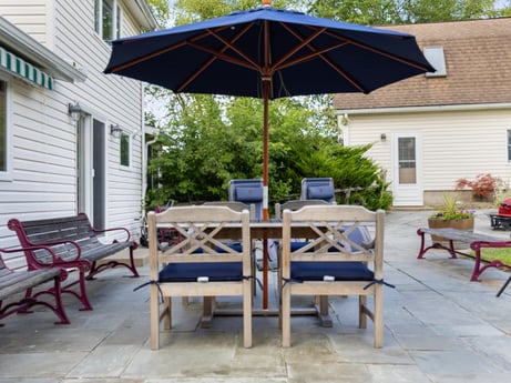 An image featuring table, furniture, plant, window, shade, building, outdoor table, outdoor furniture, wood, chair at 130 Haighs Pond Rd.