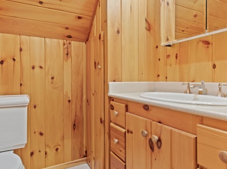 An image featuring brown, cabinetry, bathroom cabinet, sink, tap, property, furniture, building, mirror, plumbing fixture at 130 Haighs Pond Rd.