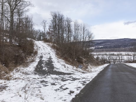 An image featuring cloud, sky, plant, snow, natural landscape, tree, road surface, asphalt, branch, slope at Hemlock Hill Rd.