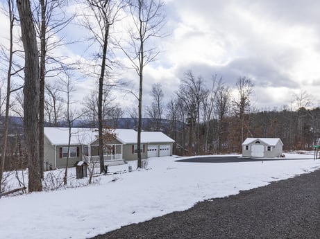An image featuring cloud, sky, building, snow, window, branch, house, plant, natural landscape, tree at Hemlock Hill Rd.