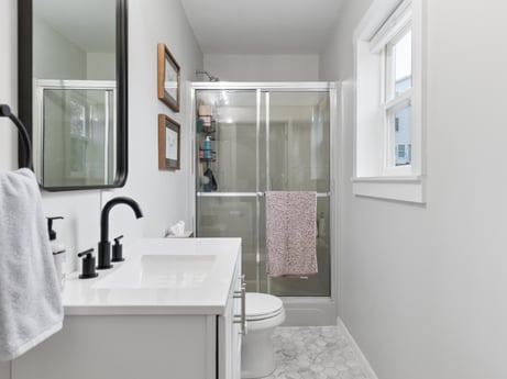 An image featuring mirror, sink, tap, property, plumbing fixture, bathroom, fixture, purple, bathroom sink, interior design at 18 Country View Dr.