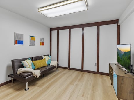 An image featuring building, comfort, shade, wood, fixture, floor, flooring, interior design, couch, laminate flooring at 104 Stony Mountain Rd.