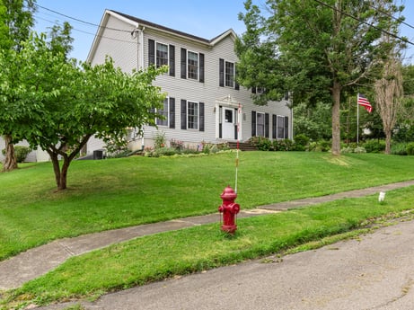 An image featuring plant, property, sky, building, fire hydrant, window, tree, land lot, road surface, house at 105 Thomas St.