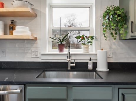A kitchen at 18 Country View Dr featuring: tap, plant, kitchen sink, sink, countertop, property, cabinetry, white, plumbing fixture, kitchen