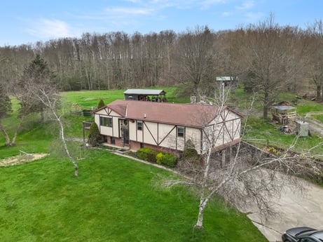 An image featuring plant, sky, cloud, tree, grass, natural landscape, landscape, grassland, building, cottage at 1569 S Macafee Rd.