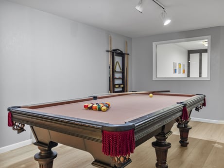 An image featuring table, furniture, billiard room, billiard table, recreation room, straight pool, wood, billiards, interior design, rectangle at 104 Stony Mountain Rd.