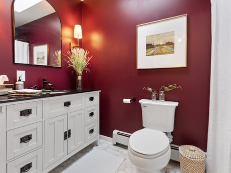 An image featuring property, cabinetry, picture frame, furniture, building, interior design, purple, mirror, toilet seat, plant at 18 Country View Dr.