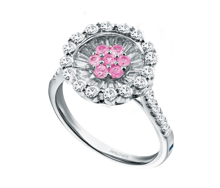Bloom Medium Ring aus 18 Kt Weißgold mit Diamanten und pinkem Saphir