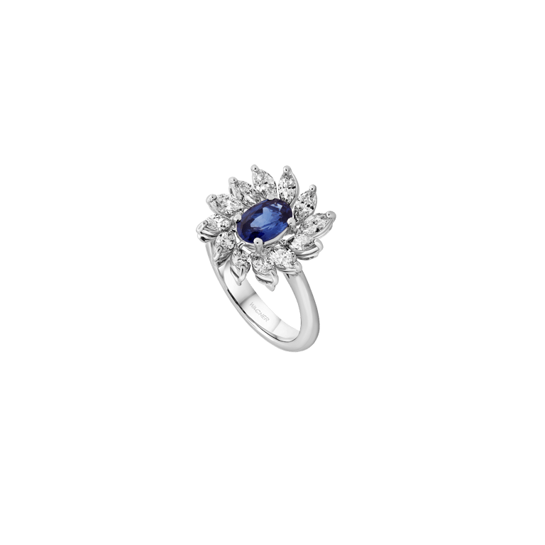 Signature Ring aus 18 Kt Weißgold mit Diamanten und Saphir