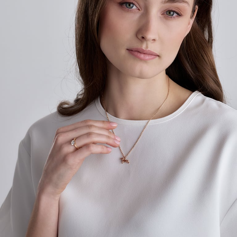 Walk my Love Halsschmuck aus 18 Kt Roségold mit Diamanten, am Hals getragen