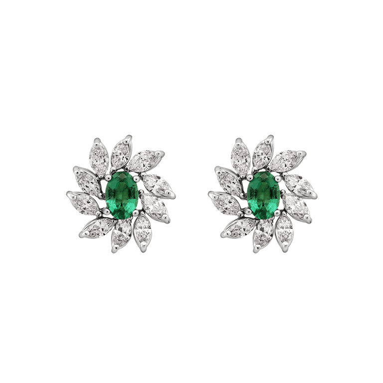 Signature Ohrschmuck aus 18 Kt Weißgold mit Diamanten und Smaragd