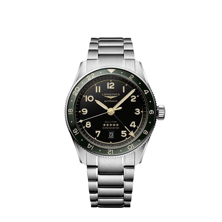 Longines, Longines Spirit Zulu Time 42 Armbanduhr aus Stahl, Referenz L3.812.4.63.6, Produktaufnahme