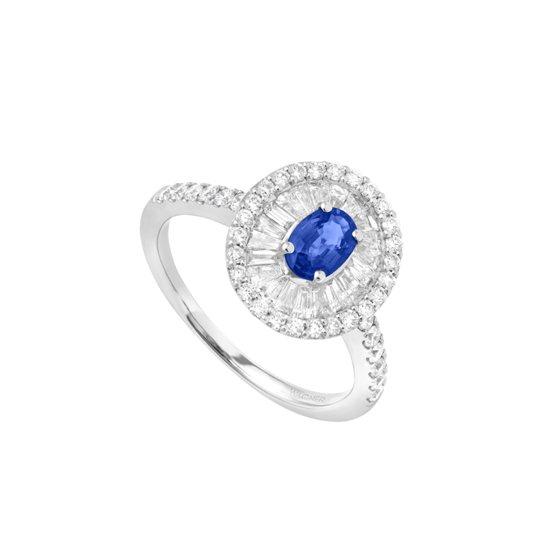 Signature Ring aus 18 Kt Weißgold mit Diamanten und Saphir