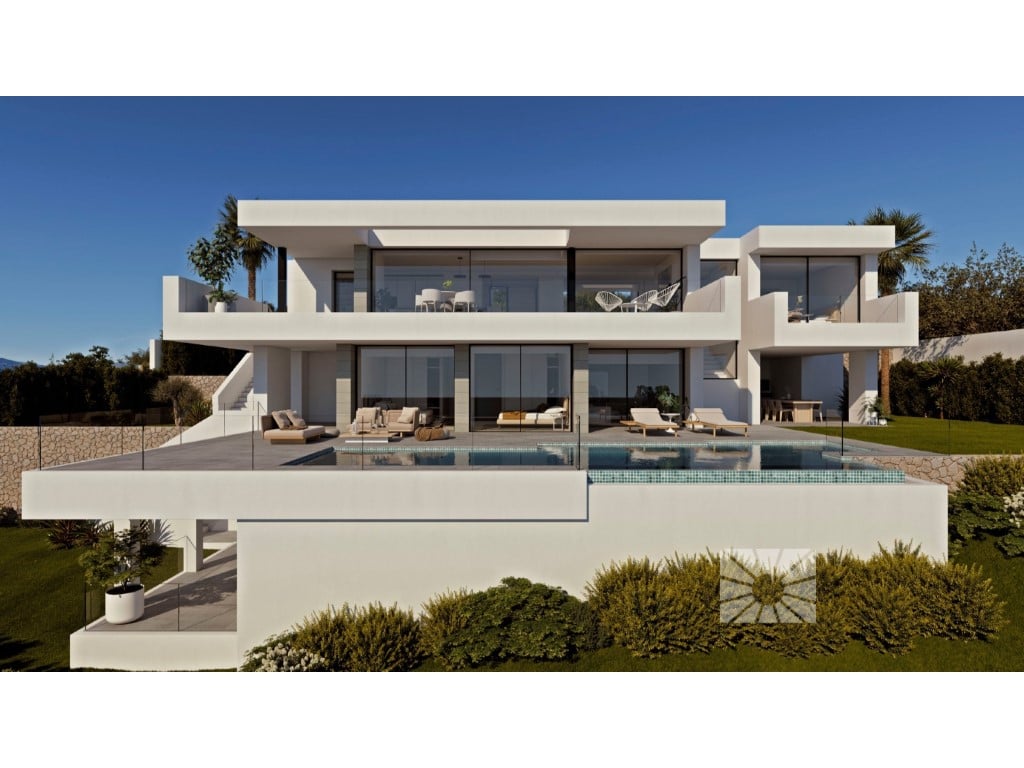 Современная вилла с видом на море, 3 спальнями с ванными и бассейном — living room