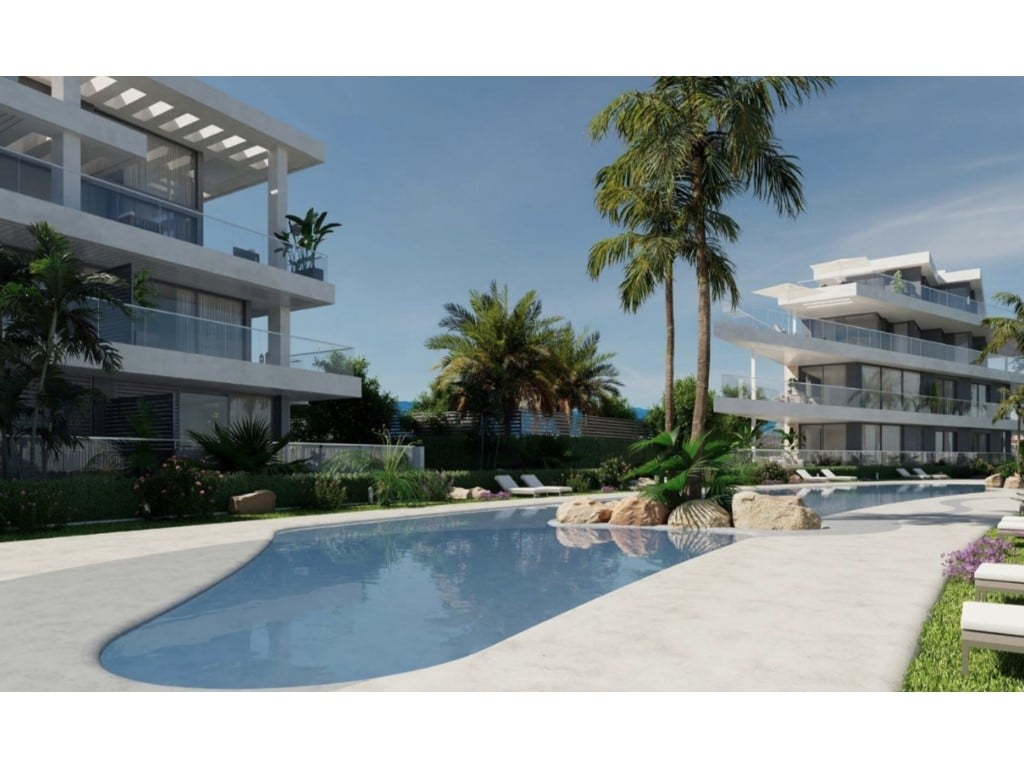 Brand-new 2-bed ground-floor apartment in Dénia with pool — living room