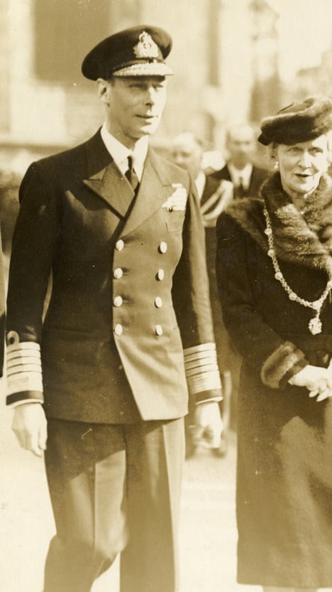 King George VI  pictured with Lady Mayoress Nancy Astor on a visit to Plymouth in March 1941. Courtesy of The Box, Plymouth