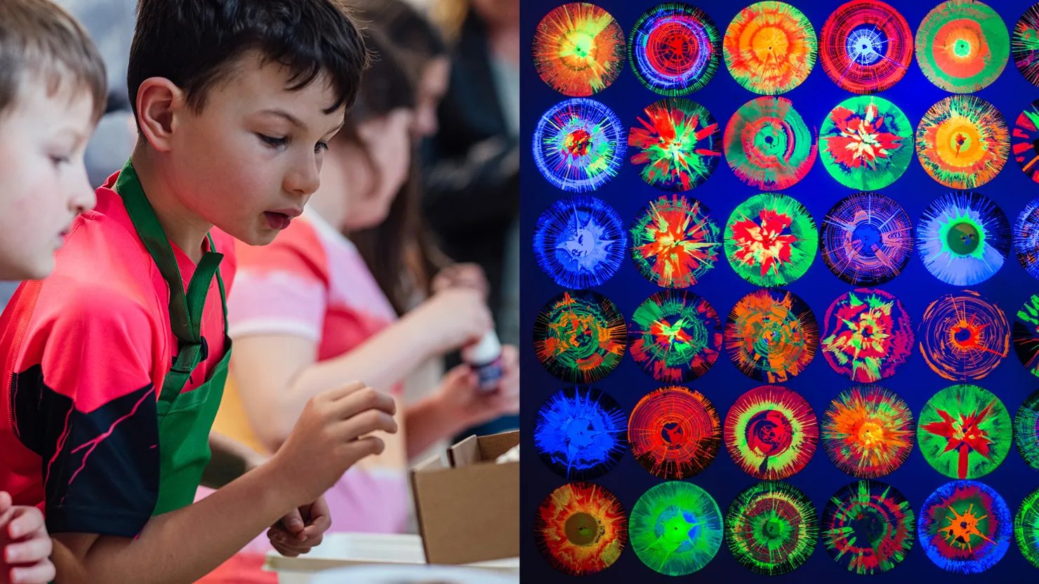 Photograph showing two boys in a painting workshop and an artwork made using spinning